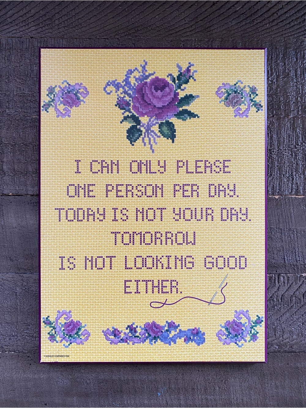 vintage 90s faux cross-stitch wall plaque humerous witty saying cottagecore rose
